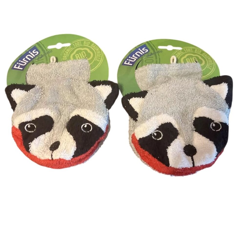 Fünnies Organic 100% Cotton Raccoon Baby Wash Mitt Set Of‎ 2
